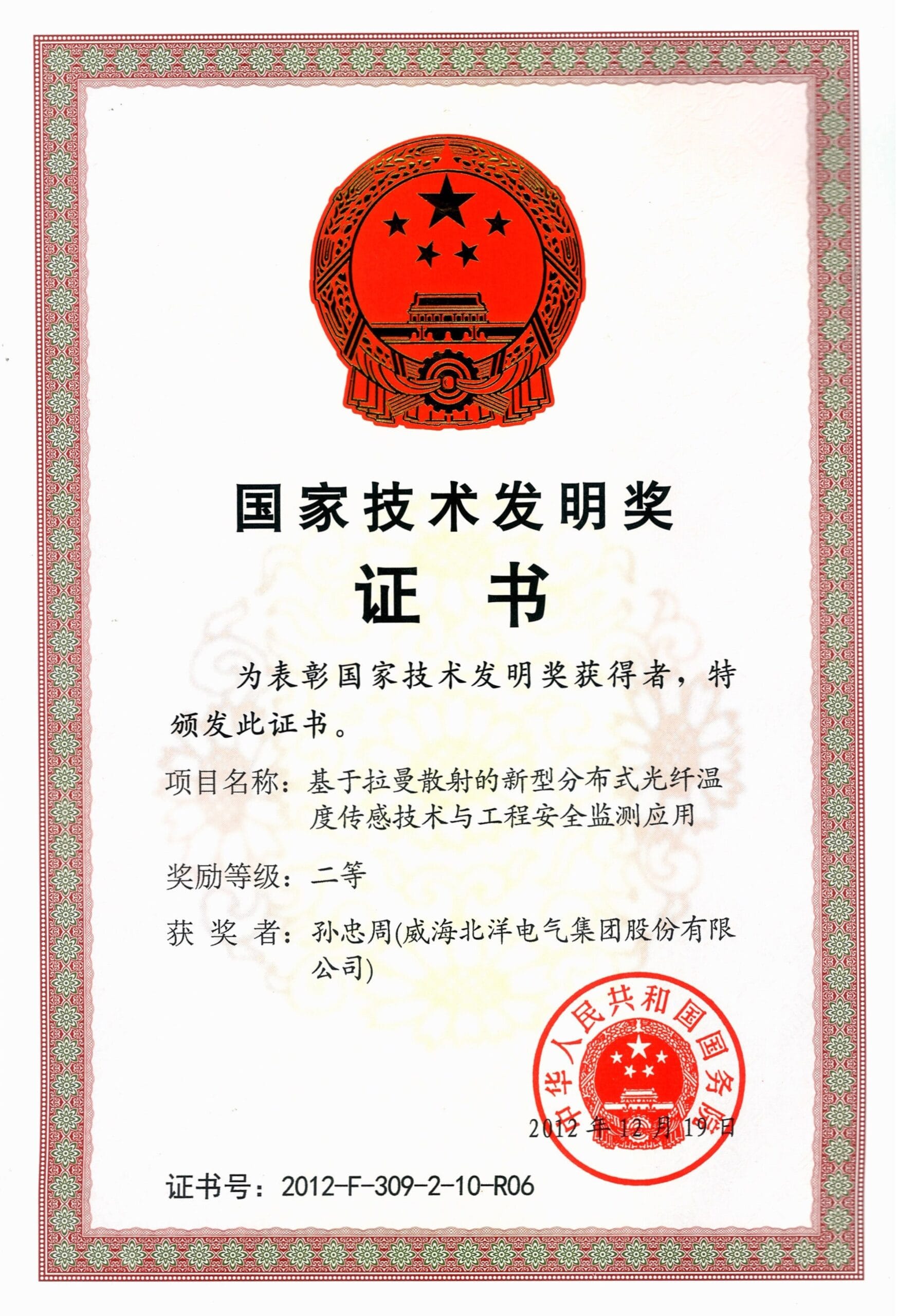 National Second Prize for Technological Invention